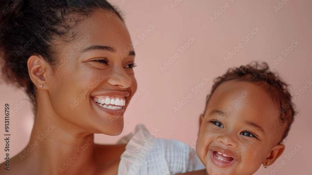 Tender studio shot of a woman looking lovingly at her smiling baby, reflecting their deep emotional connection. Tender studio shot of a woman looking lovingly at her smiling baby, reflecting their deep emotional connection.