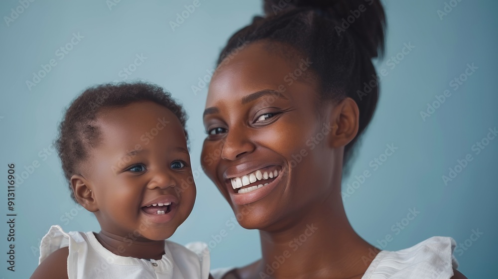 Endearing portrait of an African American mother and her content baby, highlighting their loving connection and joyful expressions.