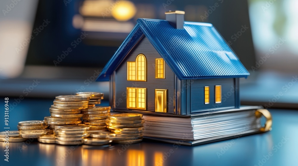A miniature blue house on a stack of coins, symbolizing real estate investment and financial growth. A miniature blue house on a stack of coins, symbolizing real estate investment and financial growth.