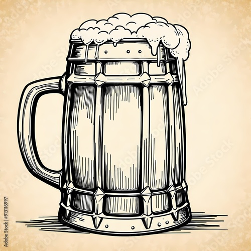 Beer stein with lager and frothy top hand drawn stein ink sketch Engraving vintage style vector photo