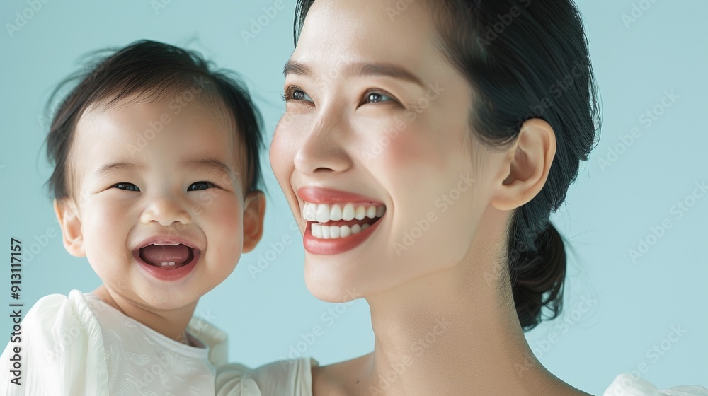 Studio photograph of an Asian mother and her beaming baby, reflecting their loving relationship and mutual smiles. Studio photograph of an Asian mother and her beaming baby, reflecting their loving relationship and mutual smiles.