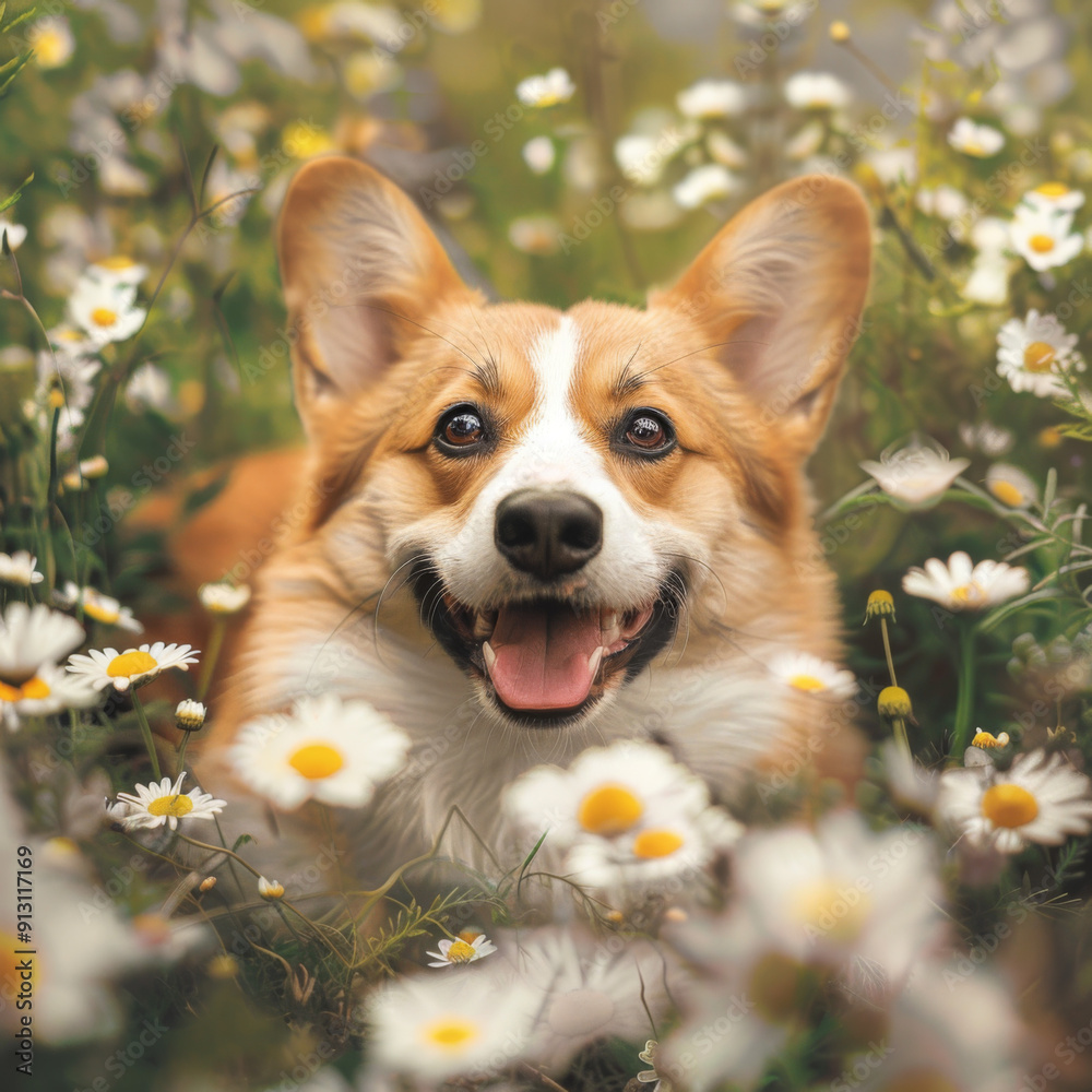 A Happy Corgi Dog Surrounded by Daisies in a Field A Happy Corgi Dog Surrounded by Daisies in a Field