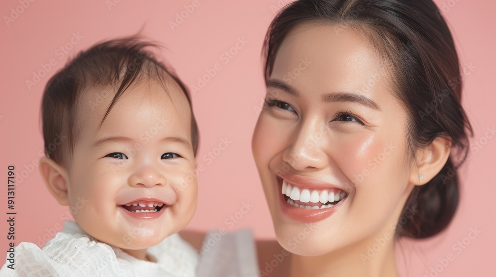 Loving studio photo of an Asian mother and her cheerful baby, radiating warmth and affection in a light, airy setting. Loving studio photo of an Asian mother and her cheerful baby, radiating warmth and affection in a light, airy setting.