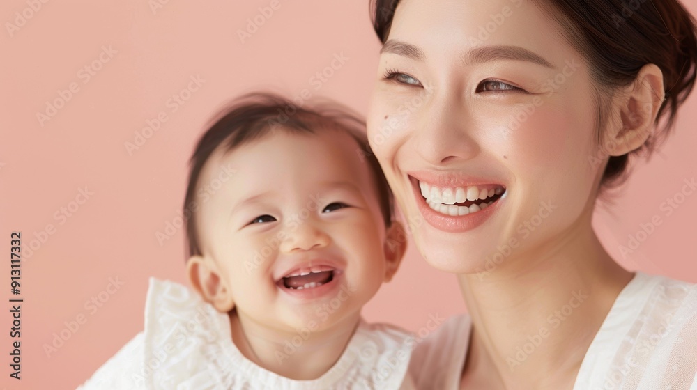Gentle studio portrait of an Asian mother looking affectionately at her beaming baby, showcasing their deep emotional bond.