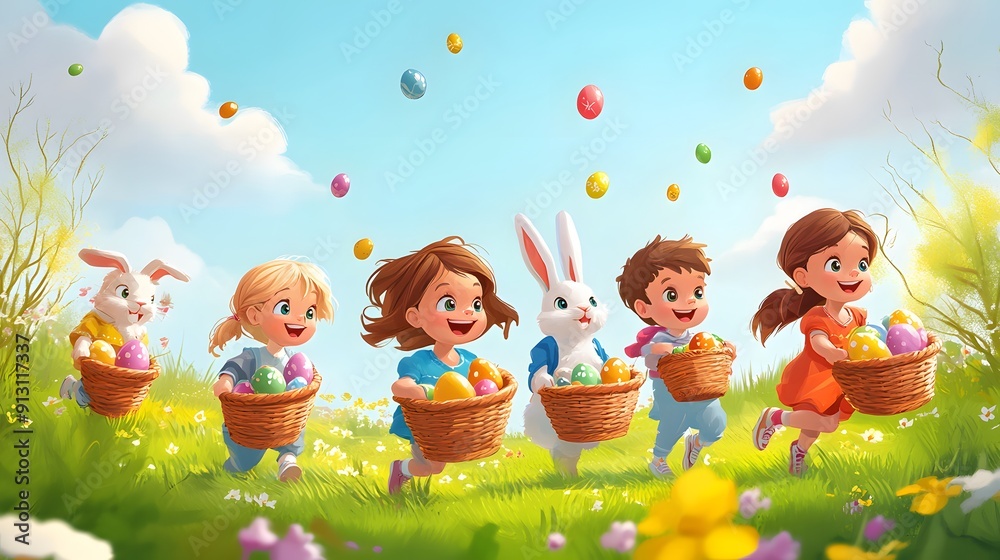 Obraz premium Cartoon kids participating in an Easter egg hunt with baskets colorful eggs and bunnies