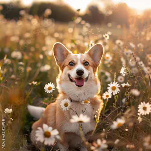 A Happy Corgi Sitting in a Field of Daisies