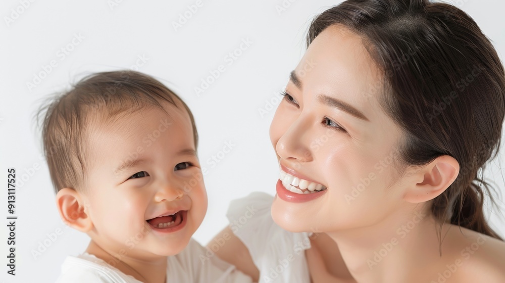 Warm and tender moment between an Asian mother and her beaming baby, captured in a bright studio. Warm and tender moment between an Asian mother and her beaming baby, captured in a bright studio.