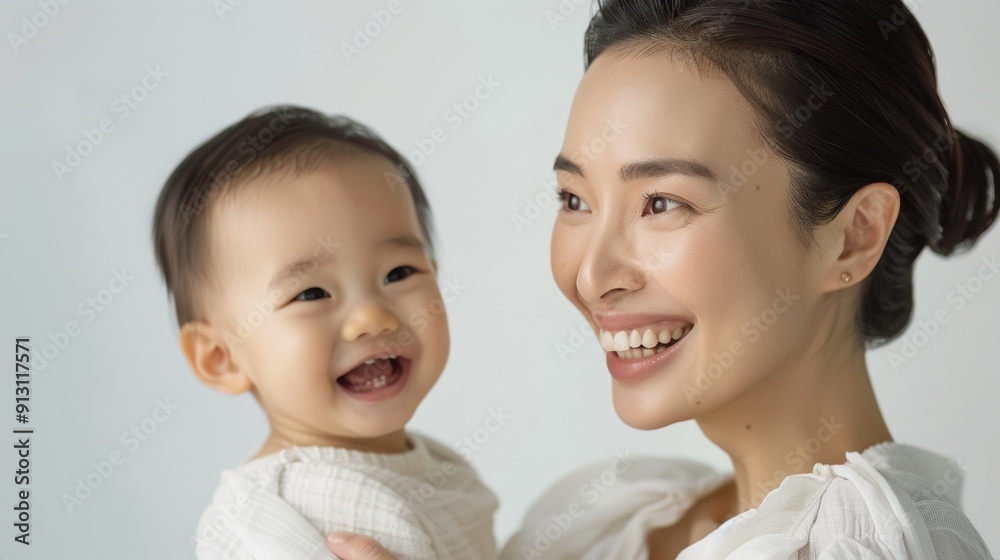 Asian mother adoringly gazes at her smiling baby, showcasing their deep bond in a light studio. Asian mother adoringly gazes at her smiling baby, showcasing their deep bond in a light studio.