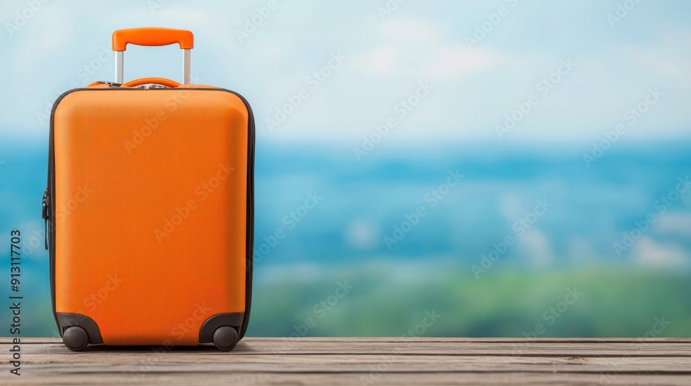 A vibrant orange suitcase stands against a scenic backdrop, perfect for travel and adventure scenes. A vibrant orange suitcase stands against a scenic backdrop, perfect for travel and adventure scenes.