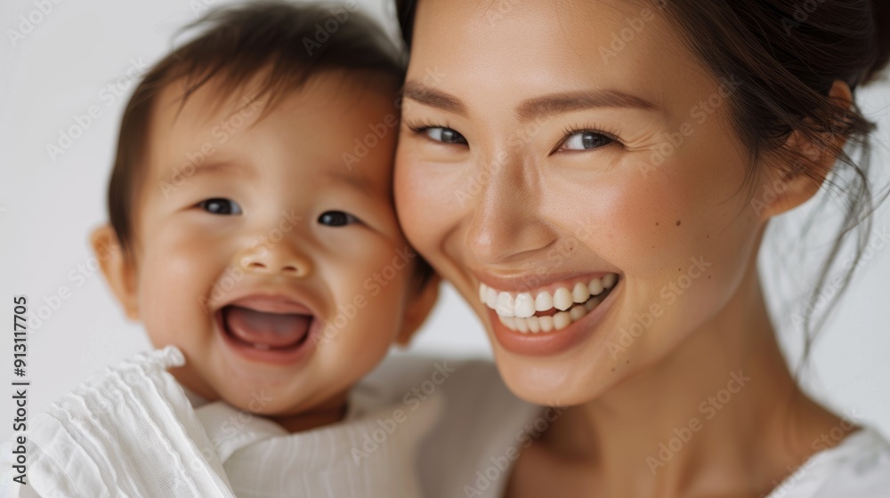 Affectionate interaction between an Asian mother and her smiling baby, highlighted in a serene studio environment. Affectionate interaction between an Asian mother and her smiling baby, highlighted in a serene studio environment.