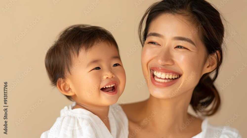 Loving bond between an Asian mother and her happy baby, reflected in their warm studio smiles. Loving bond between an Asian mother and her happy baby, reflected in their warm studio smiles.