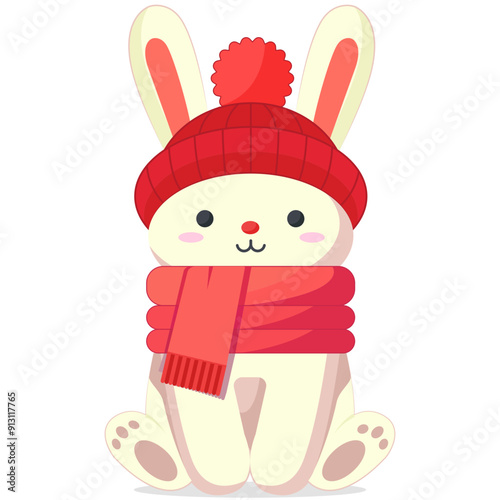 Winter Bunny in Red Hat and Scarf