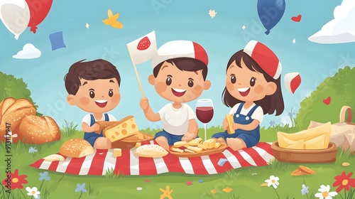 Cartoon family having a picnic for Bastille Day with baguettes cheese and wine