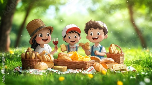 Cartoon family having a picnic for Bastille Day with baguettes cheese and wine