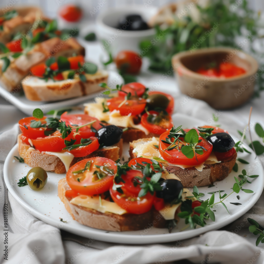 Toasted Bread Slices with Tomato, Cheese, Olives, and Thyme Toasted Bread Slices with Tomato, Cheese, Olives, and Thyme