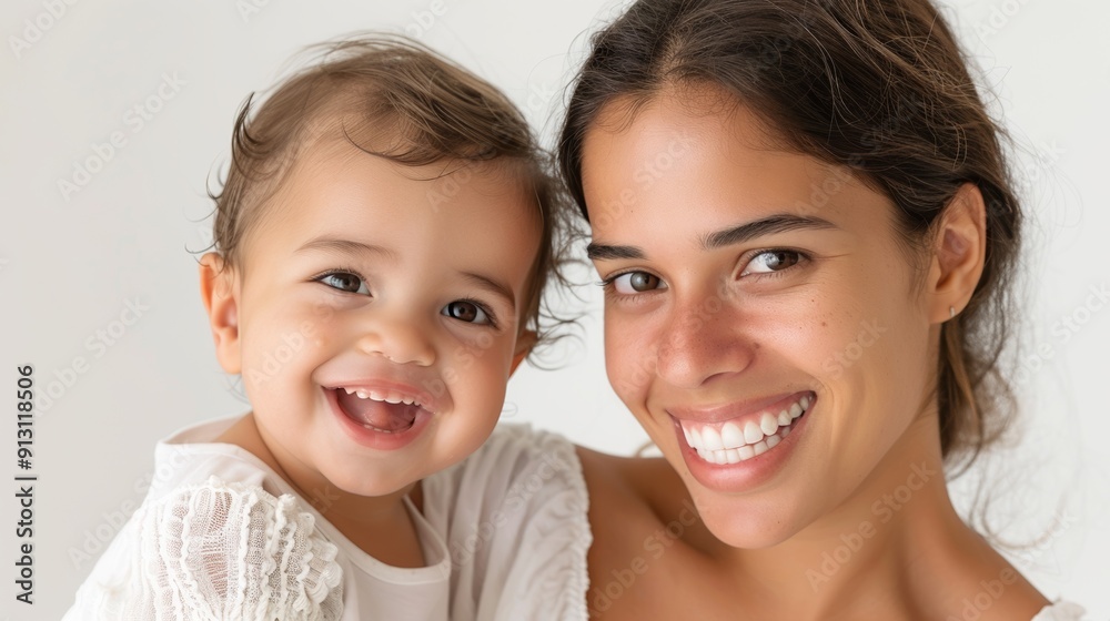 Gentle and loving bond between a Latino mother and her smiling baby, captured in a bright studio setting Gentle and loving bond between a Latino mother and her smiling baby, captured in a bright studio setting