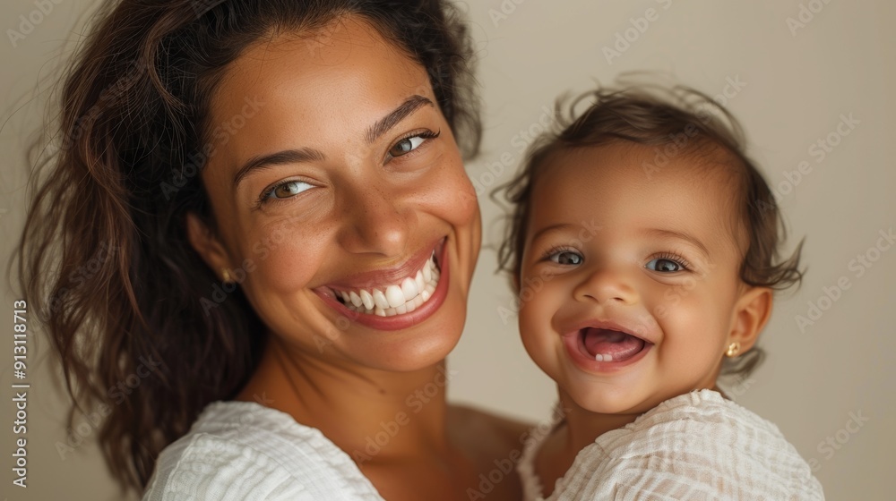 Warm moment between a Brazilian mother and her delighted baby, captured in a bright studio environment. Warm moment between a Brazilian mother and her delighted baby, captured in a bright studio environment.