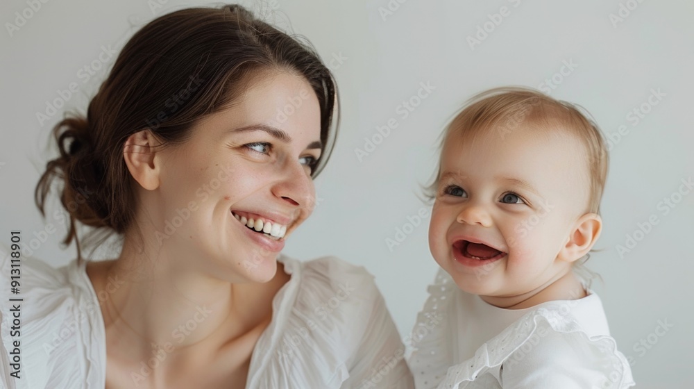 Joyful interaction of a mother and her beaming baby, captured in a serene studio environment. Joyful interaction of a mother and her beaming baby, captured in a serene studio environment.