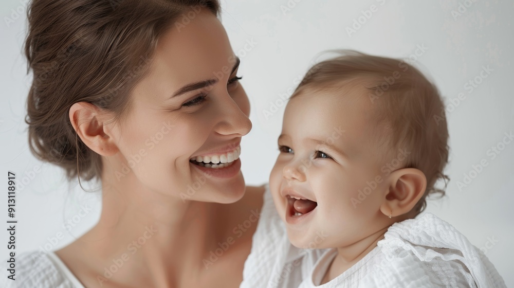 Warm moment between a mother and her smiling baby, beautifully captured in a bright studio setting. Warm moment between a mother and her smiling baby, beautifully captured in a bright studio setting.