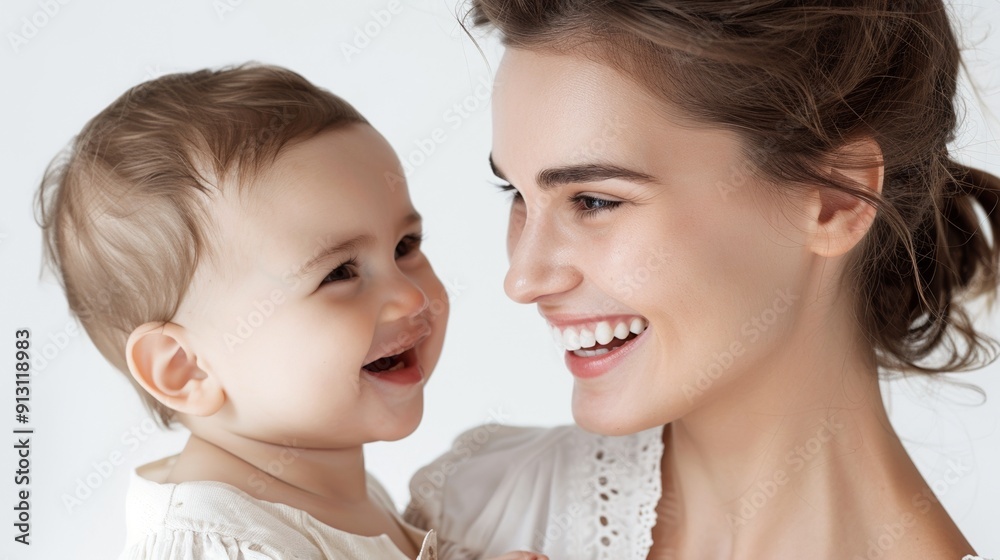 Joyful smiles of a mother and her beaming baby, radiating warmth and love in a serene studio. Joyful smiles of a mother and her beaming baby, radiating warmth and love in a serene studio.