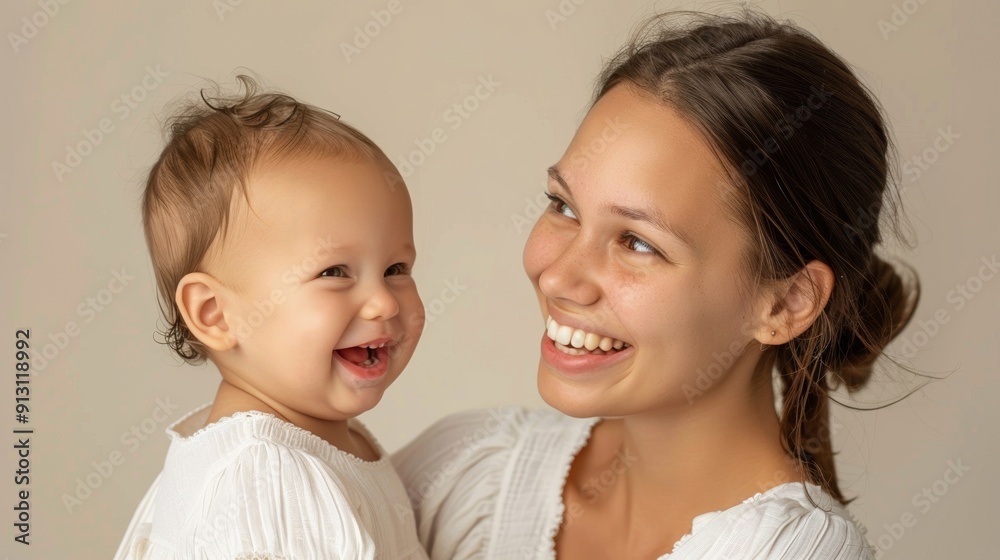 Loving gaze of a mother towards her smiling baby, capturing their affectionate relationship. Loving gaze of a mother towards her smiling baby, capturing their affectionate relationship.