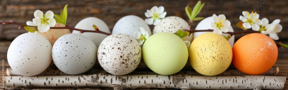 A row of eggs with different colors and speckles on them. The eggs are arranged on a wooden surface with a branch and some flowers in the background. Concept of springtime and new beginnings A row of eggs with different colors and speckles on them. The eggs are arranged on a wooden surface with a branch and some flowers in the background. Concept of springtime and new beginnings
