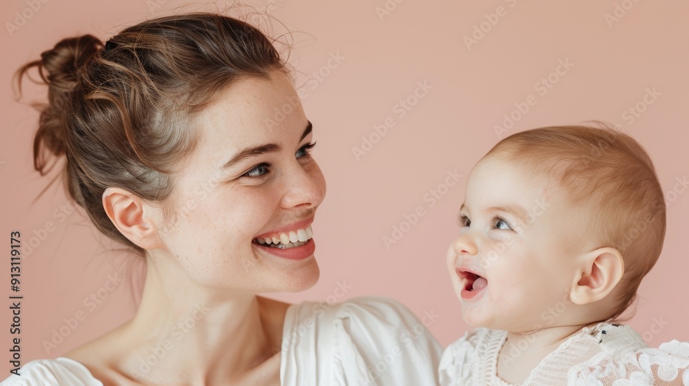 Affectionate bond between a mother and her happy baby, highlighted in a serene studio setting. Affectionate bond between a mother and her happy baby, highlighted in a serene studio setting.