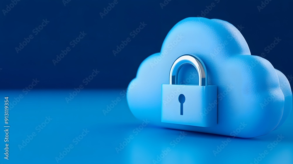 Secure cloud storage concept. A blue cloud symbol with a lock represents online data safety and security measures in technology. Secure cloud storage concept. A blue cloud symbol with a lock represents online data safety and security measures in technology.