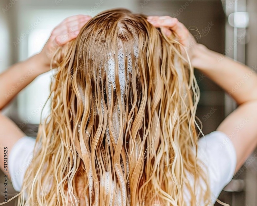 Naklejka premium A woman is washing her hair with shampoo. The hair is long and wavy. The woman is wearing a white shirt