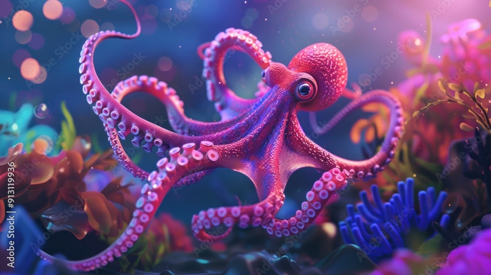 Obraz premium Pink Octopus in a Underwater Wonderland