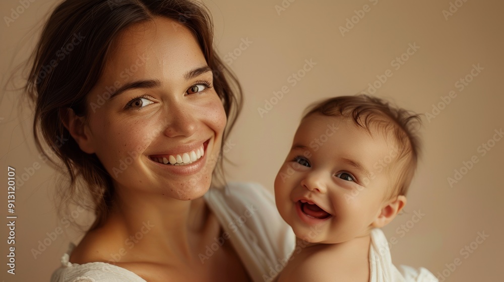 The strong bond between a mother and her beaming baby is highlighted in a light-filled studio. The strong bond between a mother and her beaming baby is highlighted in a light-filled studio.