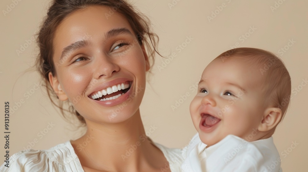 A mother's loving gaze towards her joyful baby showcases their affectionate bond in a serene studio. A mother's loving gaze towards her joyful baby showcases their affectionate bond in a serene studio.
