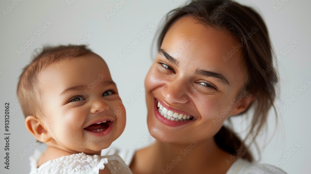 A mother's loving gaze towards her joyful baby showcases their affectionate bond in a serene studio. A mother's loving gaze towards her joyful baby showcases their affectionate bond in a serene studio.