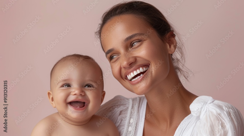 A tender interaction between a mother and her smiling baby is beautifully captured in a bright studio. A tender interaction between a mother and her smiling baby is beautifully captured in a bright studio.