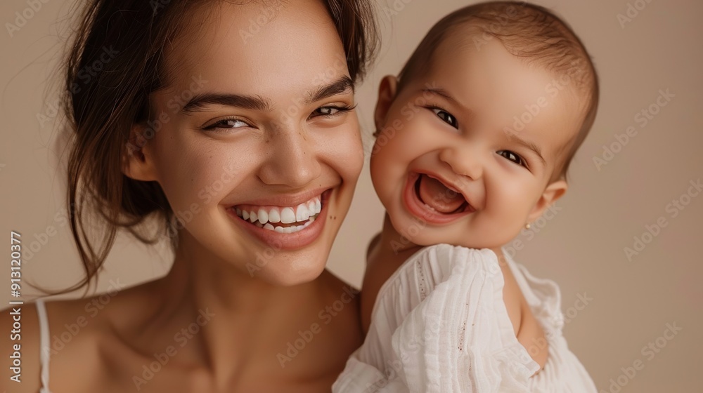 Capturing a tender moment, a warm studio image of a mother and her cheerful baby in a serene studio. Capturing a tender moment, a warm studio image of a mother and her cheerful baby in a serene studio.