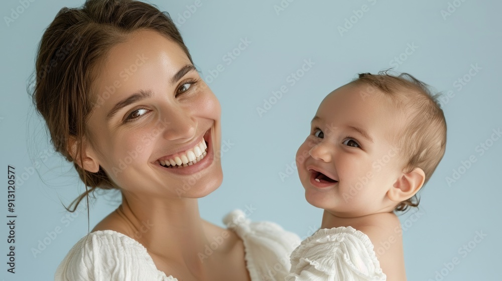 The loving connection between a mother and her joyful baby is beautifully depicted in a light-filled studio. The loving connection between a mother and her joyful baby is beautifully depicted in a light-filled studio.