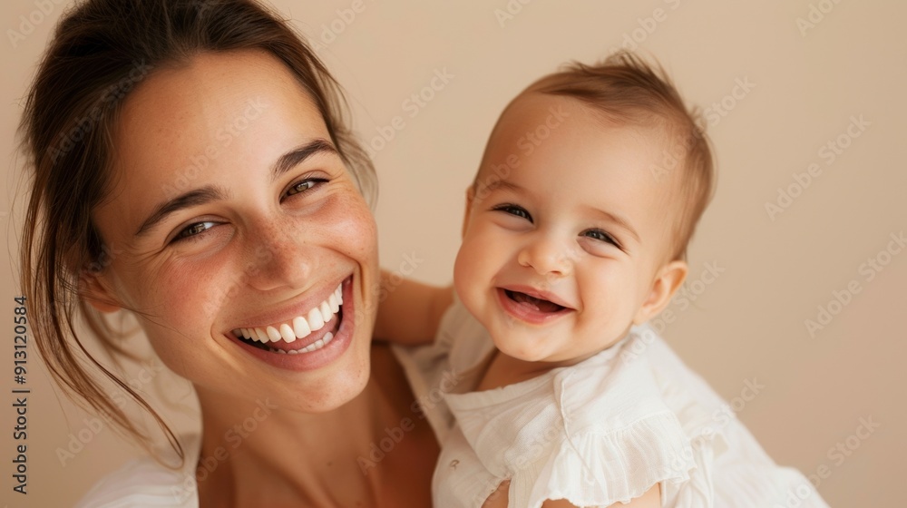 A joyful interaction between a mother and her smiling baby is elegantly showcased in a bright studio setting. A joyful interaction between a mother and her smiling baby is elegantly showcased in a bright studio setting.