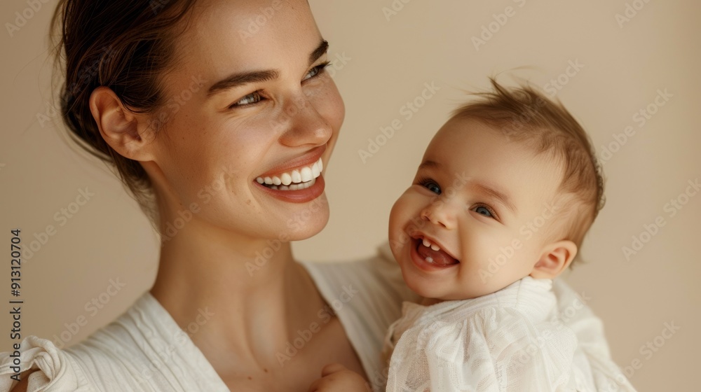 The warmth of a mother's smile and her baby's joyful expression shine brightly in a light-filled studio. The warmth of a mother's smile and her baby's joyful expression shine brightly in a light-filled studio.