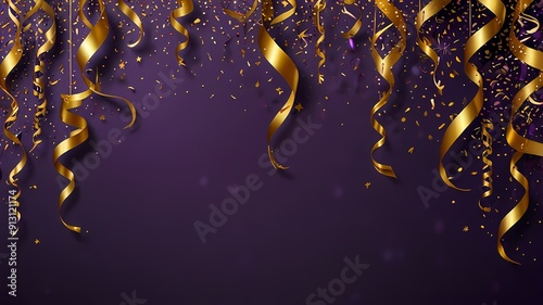 Purple Background with Golden Streamers and Confetti.