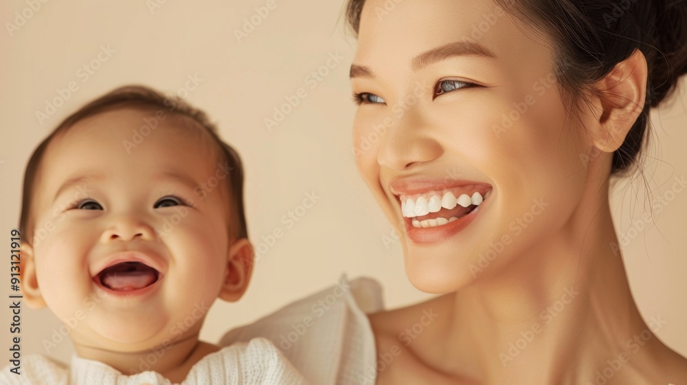 Warm studio portrait of an Asian mother and her content baby, capturing their mutual love and joyful expressions.