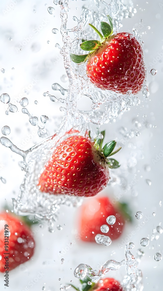 A few strawberries and water splashes in the air against an red background with an strawberries and white color scheme A few strawberries and water splashes in the air against an red background with an strawberries and white color scheme