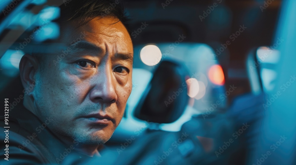 Asian Ride-Share Taxi Driver in His 40s Waiting for Passengers, Representing Gig Economy Flexibility Asian Ride-Share Taxi Driver in His 40s Waiting for Passengers, Representing Gig Economy Flexibility