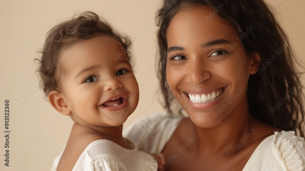 Warm and tender moment between a Brazilian mother and her beaming baby, showcasing their close bond in a light studio. Warm and tender moment between a Brazilian mother and her beaming baby, showcasing their close bond in a light studio.