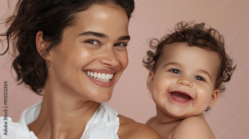 Joyful smiles of a Latino mother and her delighted baby, highlighting their deep bond in a bright studio. Joyful smiles of a Latino mother and her delighted baby, highlighting their deep bond in a bright studio.