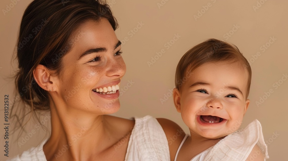 Joyful smiles of a mother and her beaming baby, radiating warmth and love in a serene studio. Joyful smiles of a mother and her beaming baby, radiating warmth and love in a serene studio.