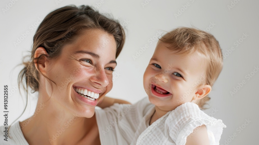 Joyful smiles of a mother and her beaming baby, radiating warmth and love in a serene studio.