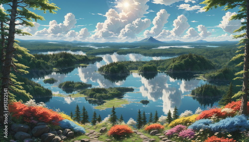 Lake with blooming islands, surrounded by forested mountains. Sun shines brightly in blue sky, casting warm glow over scene. Flowers bloom along lakeshore, creating a vibrant and peaceful atmosphere