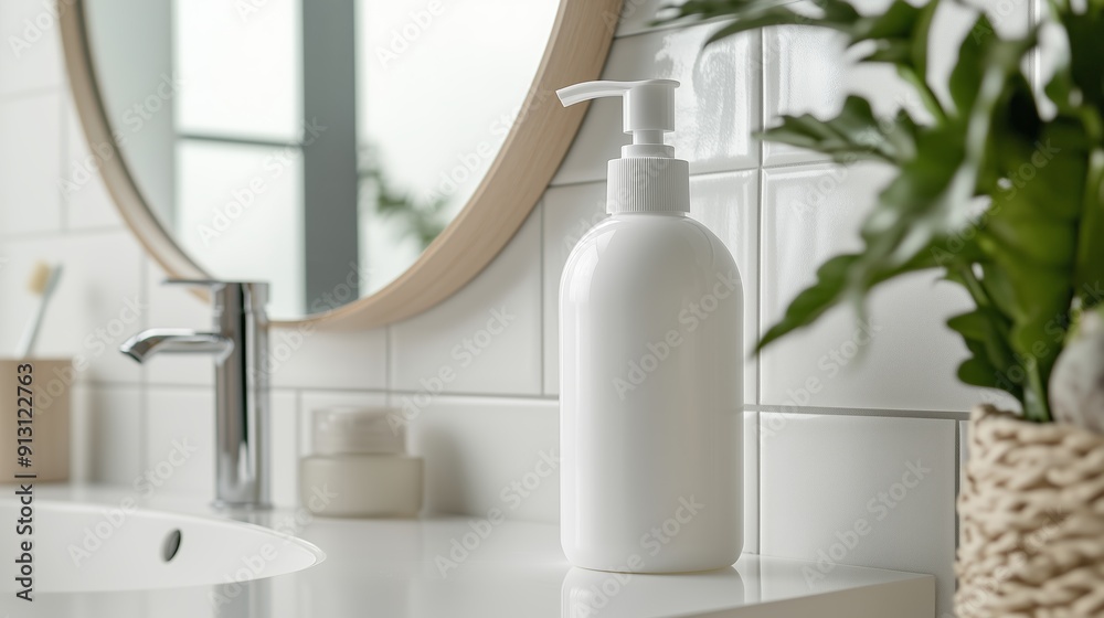 A white plastic lotion pump bottle sits on the table of a bathroom. A white plastic lotion pump bottle sits on the table of a bathroom.