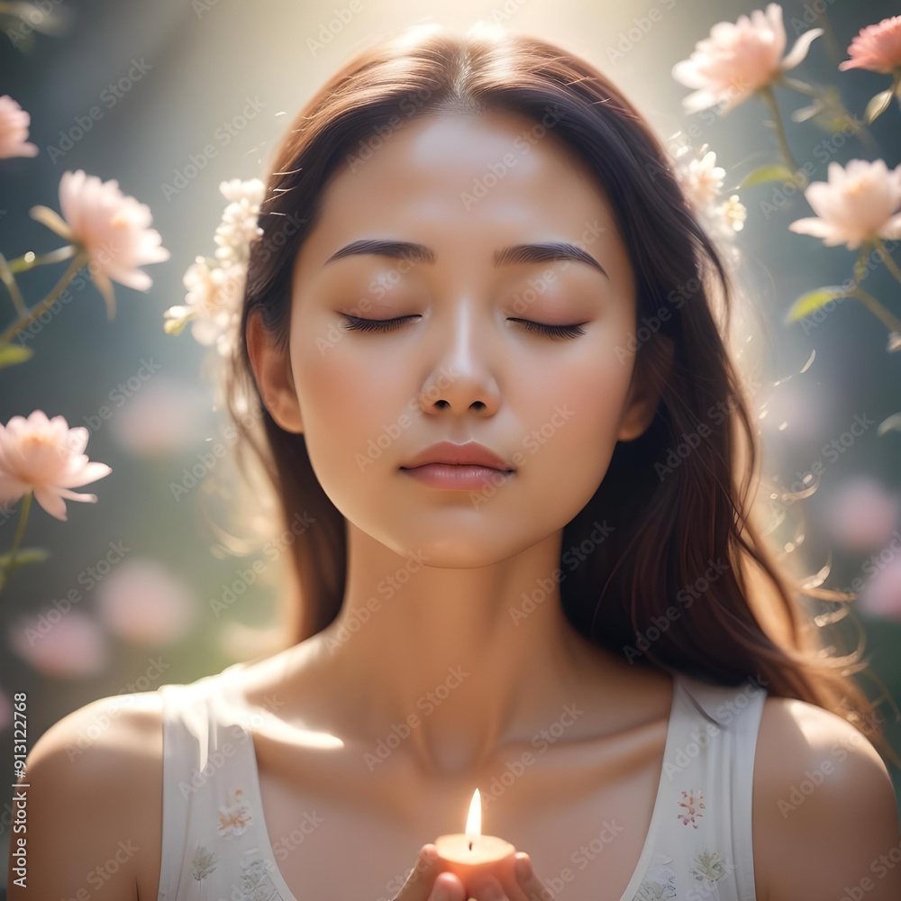An Asian woman, eyes closed in deep meditation, gentle light radiating from her heart chakra, with delicate floral elements surrounding her An Asian woman, eyes closed in deep meditation, gentle light radiating from her heart chakra, with delicate floral elements surrounding her