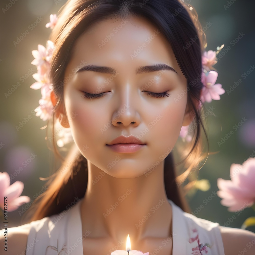 An Asian woman, eyes closed in deep meditation, gentle light radiating from her heart chakra, with delicate floral elements surrounding her An Asian woman, eyes closed in deep meditation, gentle light radiating from her heart chakra, with delicate floral elements surrounding her